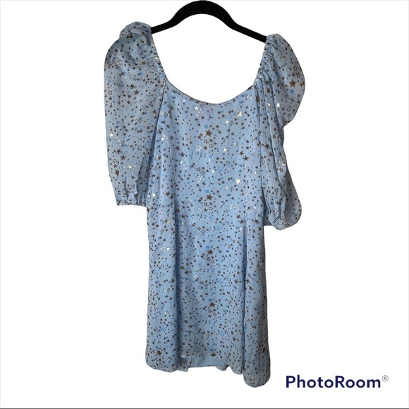 NWT BUDDY LOVE Blue Jennifer Puff Sleeve Star Print Mini Dress XS Starbright - Picture 13 of 14